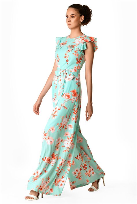 Shop Ruffle floral print crepe palazzo jumpsuit | eShakti