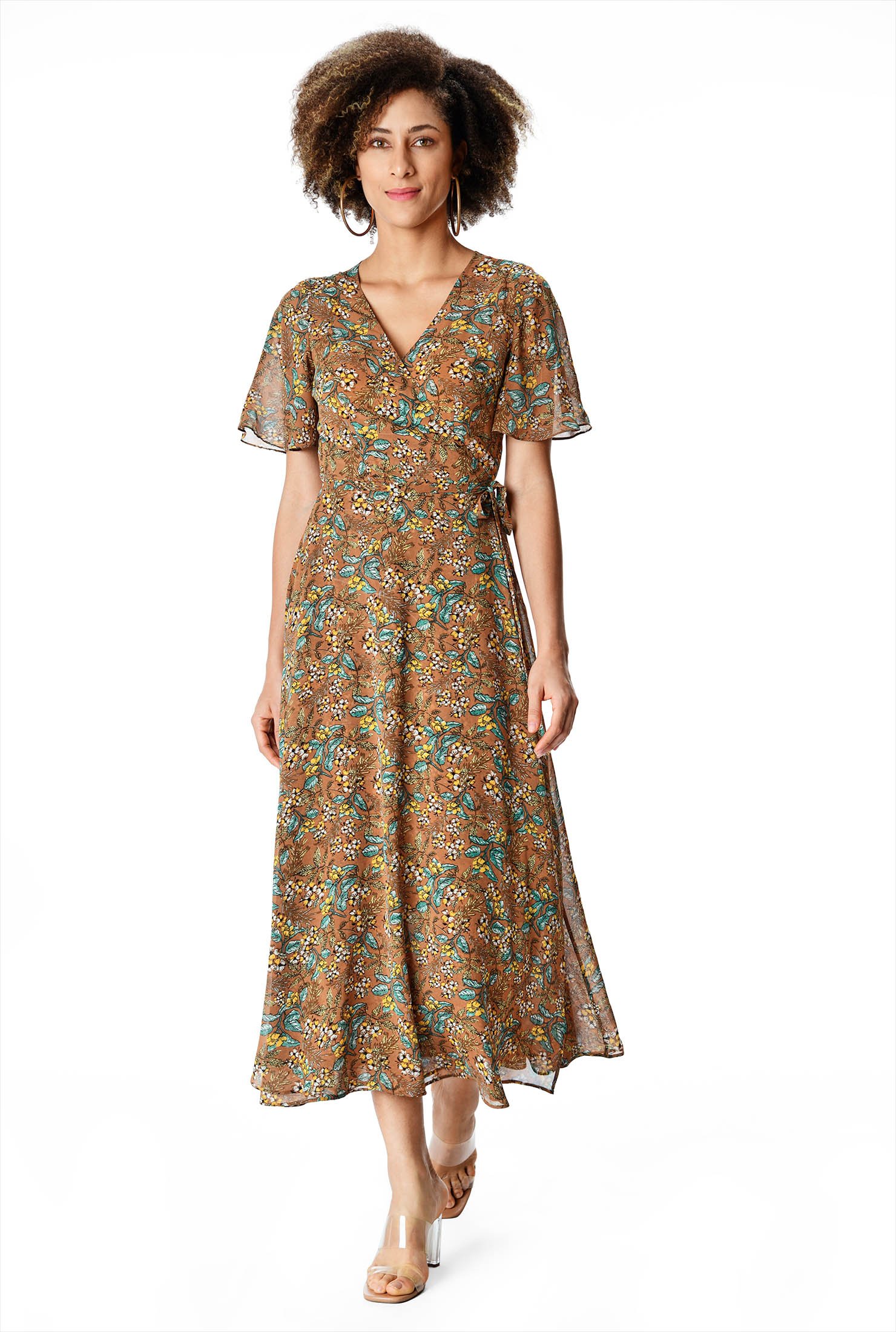 Shop Flutter sleeve floral print georgette wrap dress | eShakti