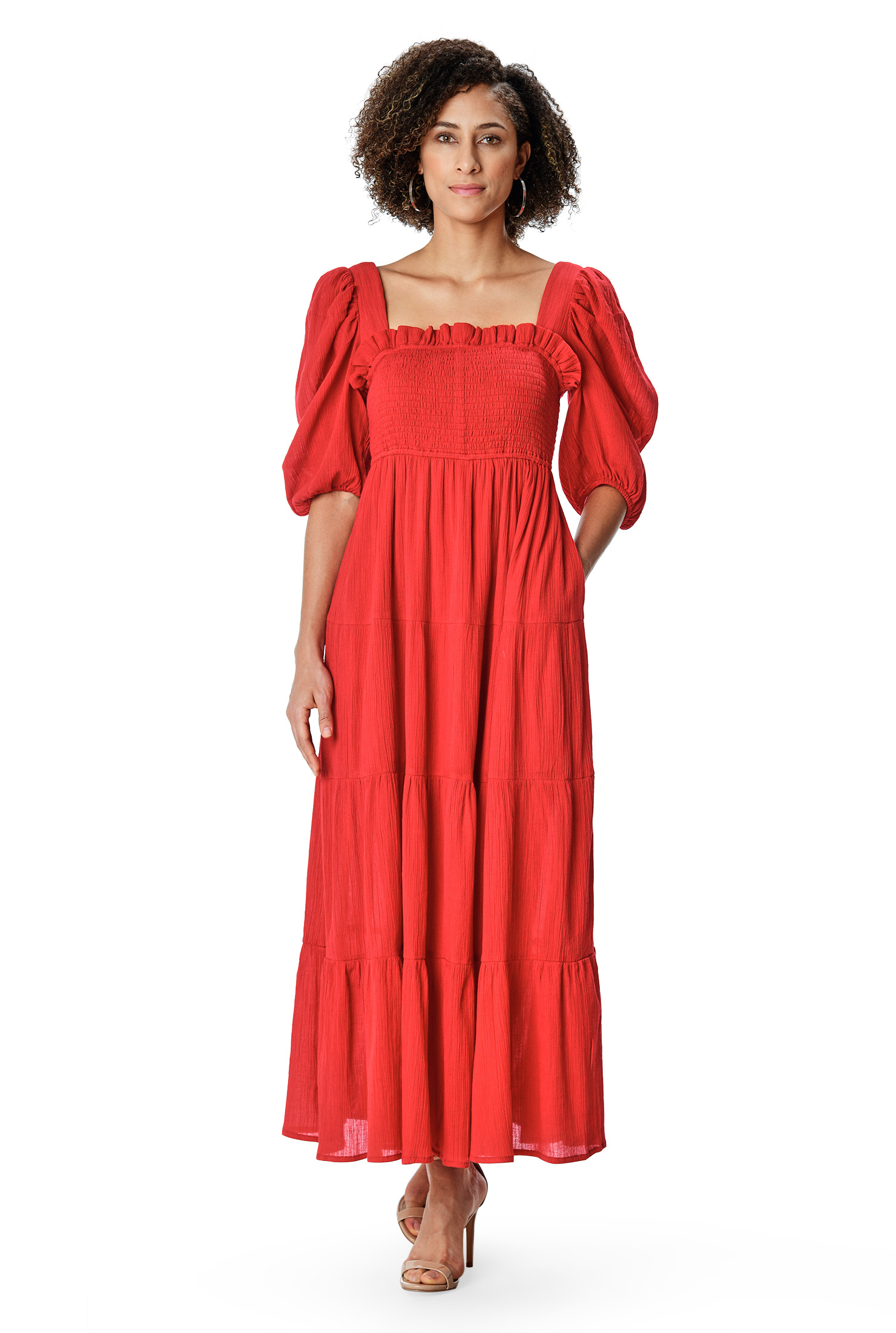 Shop Smocked cotton gauze ruffle tier dress eShakti