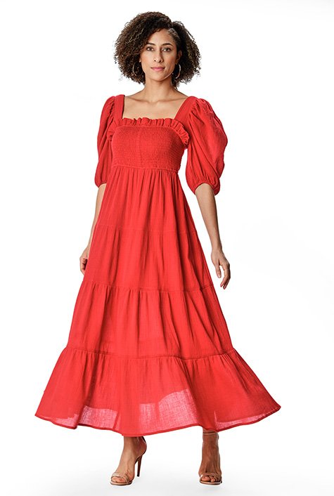 Shop Smocked cotton gauze ruffle tier dress | eShakti