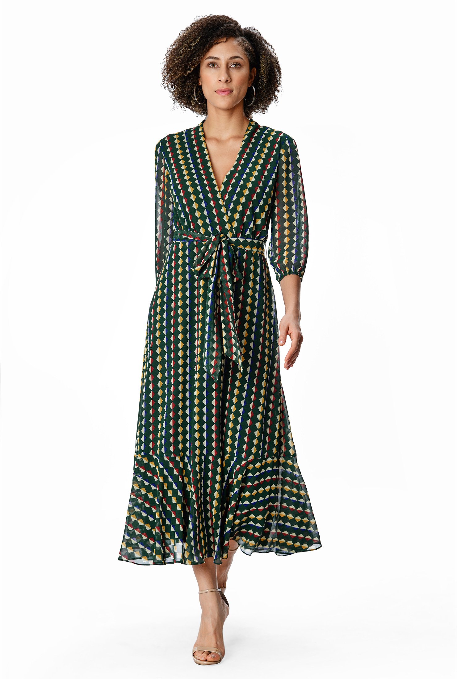 Shop Geo stripe print georgette surplice dress | eShakti