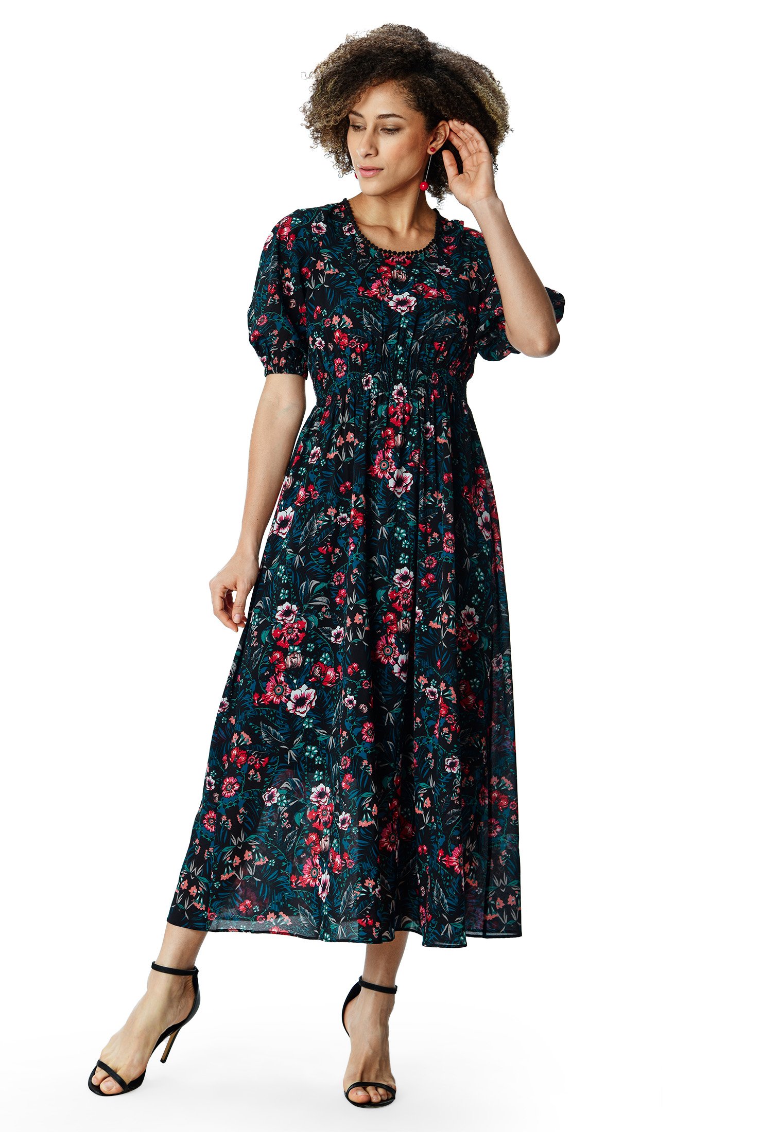 Shop Floral print georgette smocked waist dress | eShakti