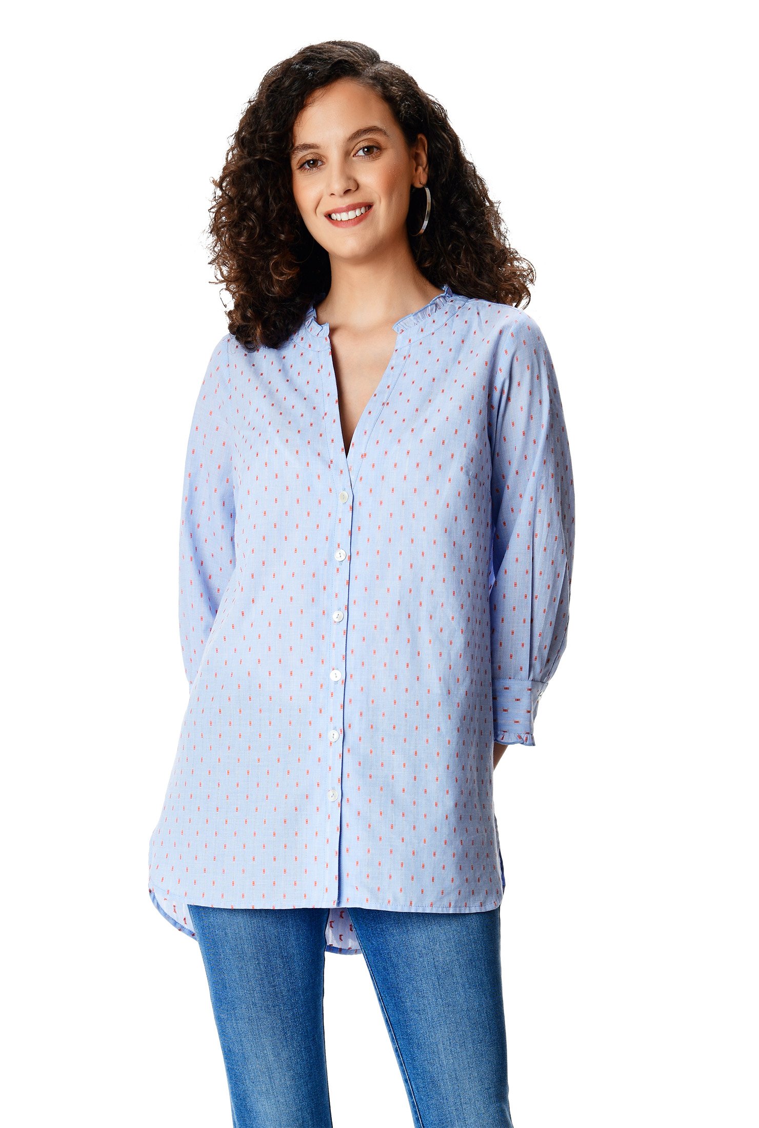 Shop Ruffle trim dot cotton high-low shirt | eShakti