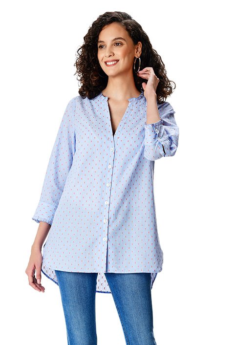 Shop Ruffle trim dot cotton high-low shirt | eShakti