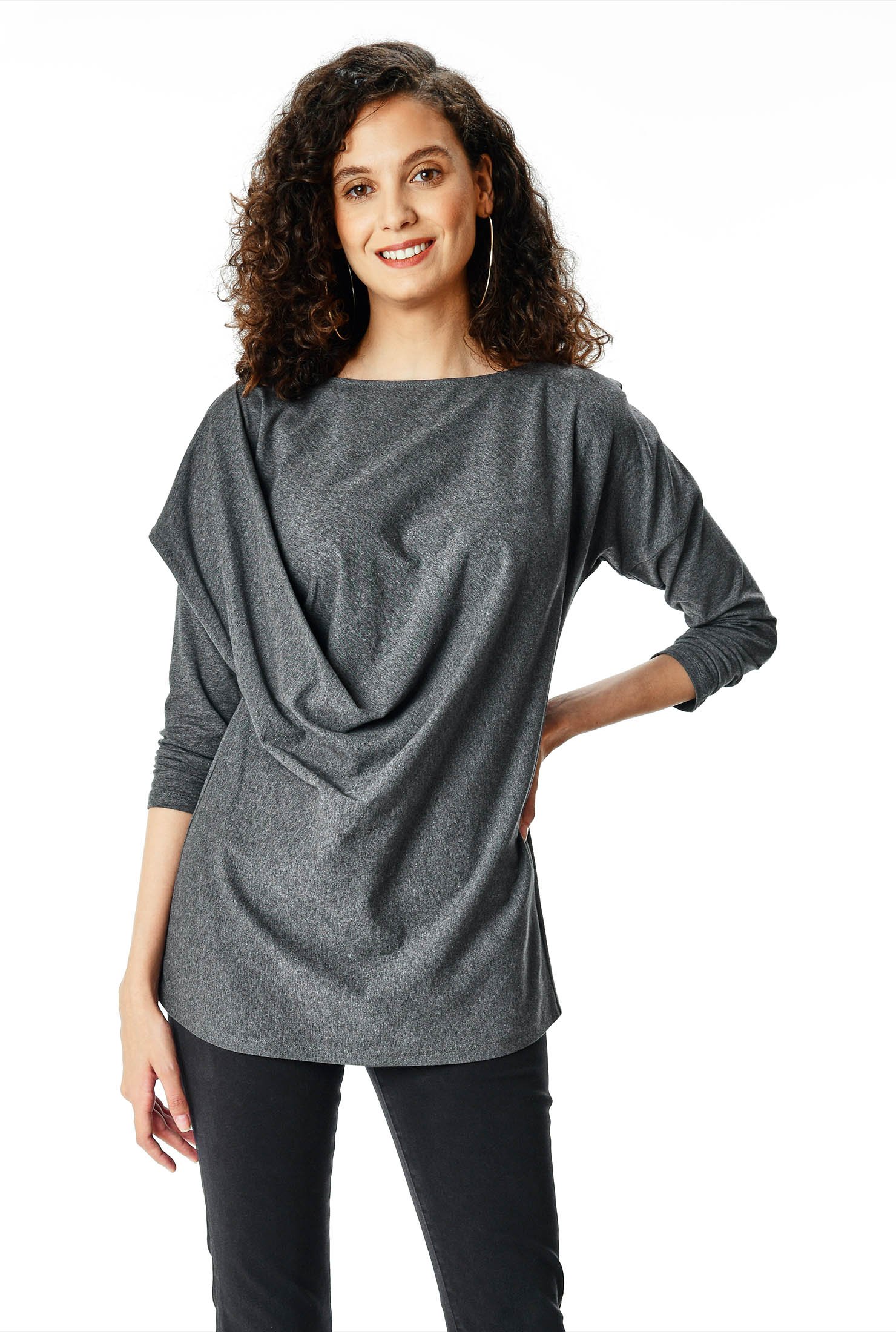 Shop Asymmetric drape front cotton knit top eShakti