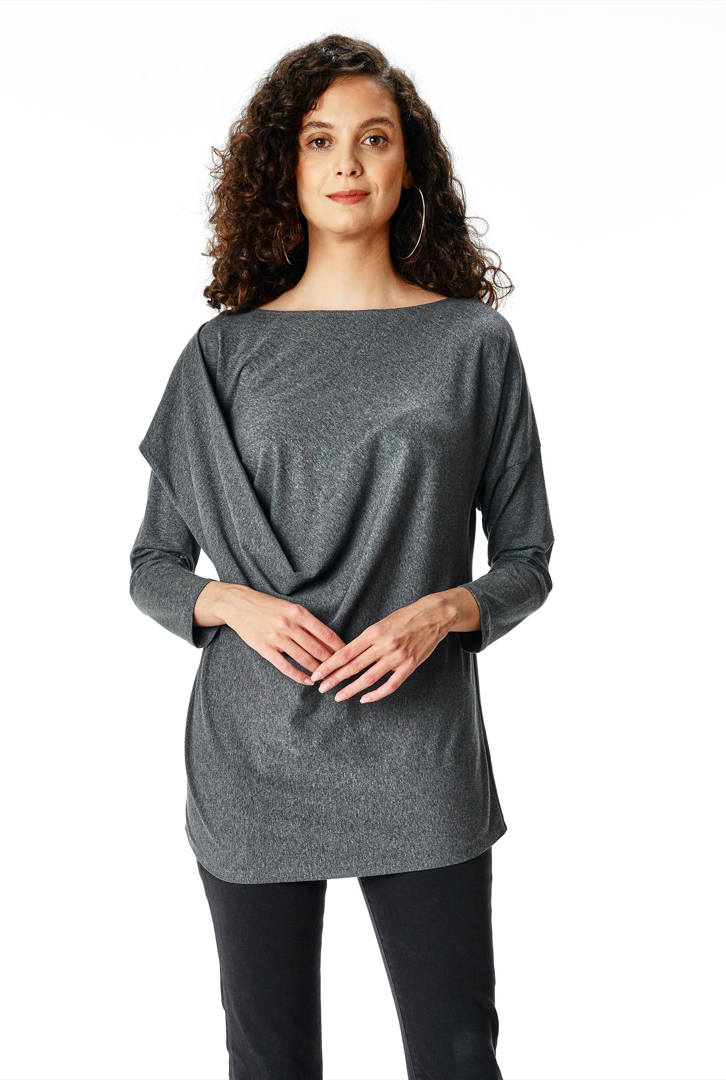 Shop Asymmetric drape front cotton knit top | eShakti