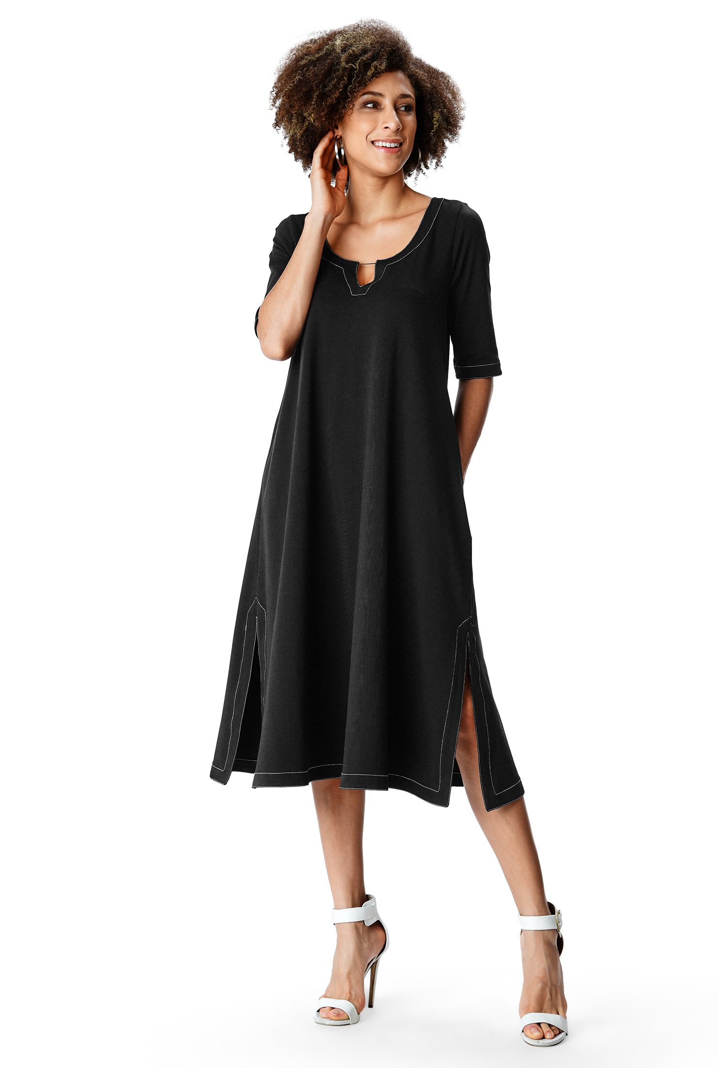 Shop Contrast top-stitch cotton knit vented shift dress | eShakti