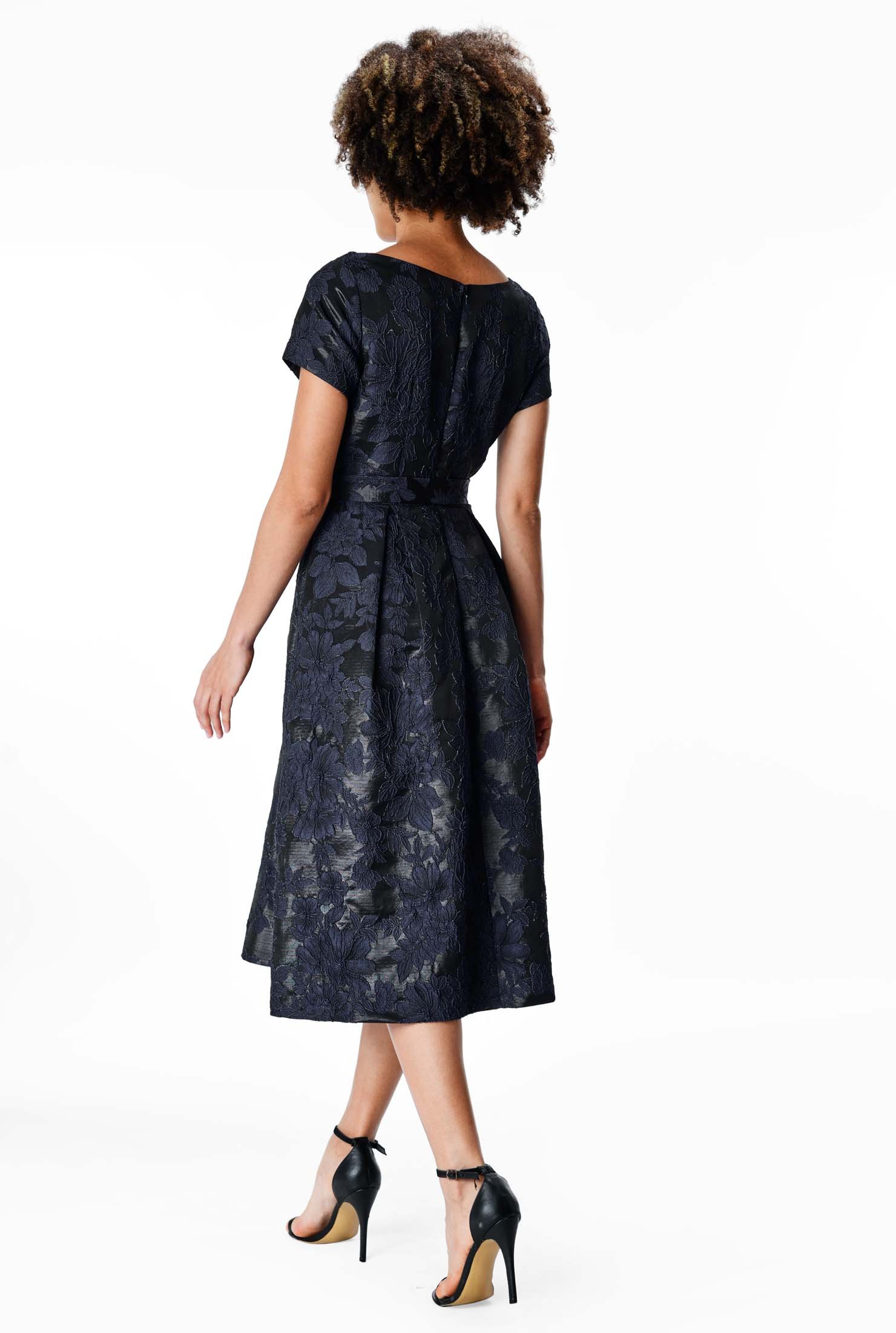 Shop Floral lurex jacquard belted dress | eShakti
