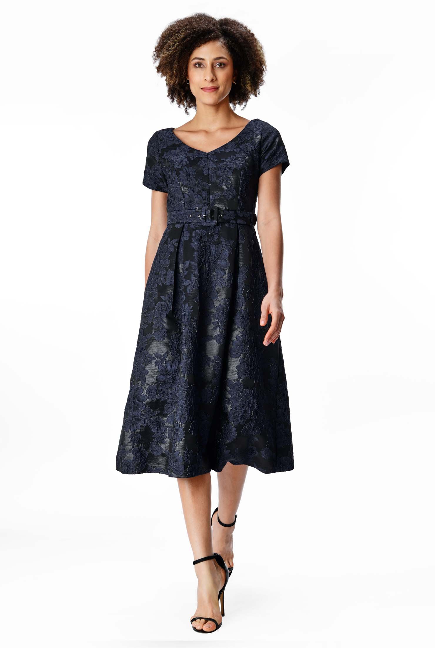 Shop Floral lurex jacquard belted dress | eShakti