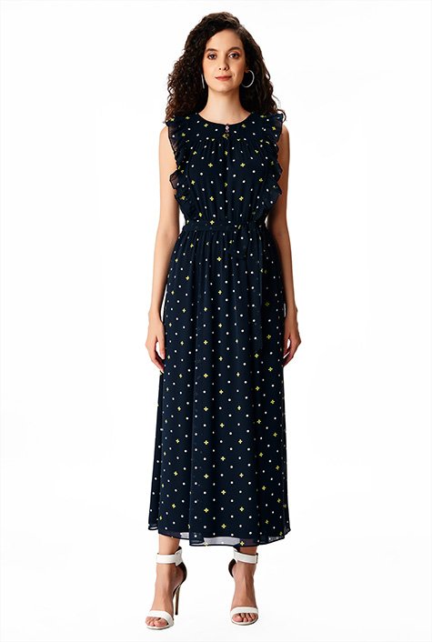 Shop Ruffle floral dot print georgette maxi dress | eShakti
