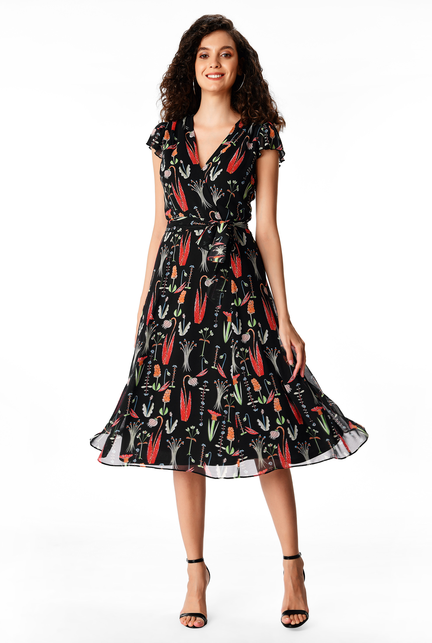 Shop Floral print surplice sash tie dress eShakti