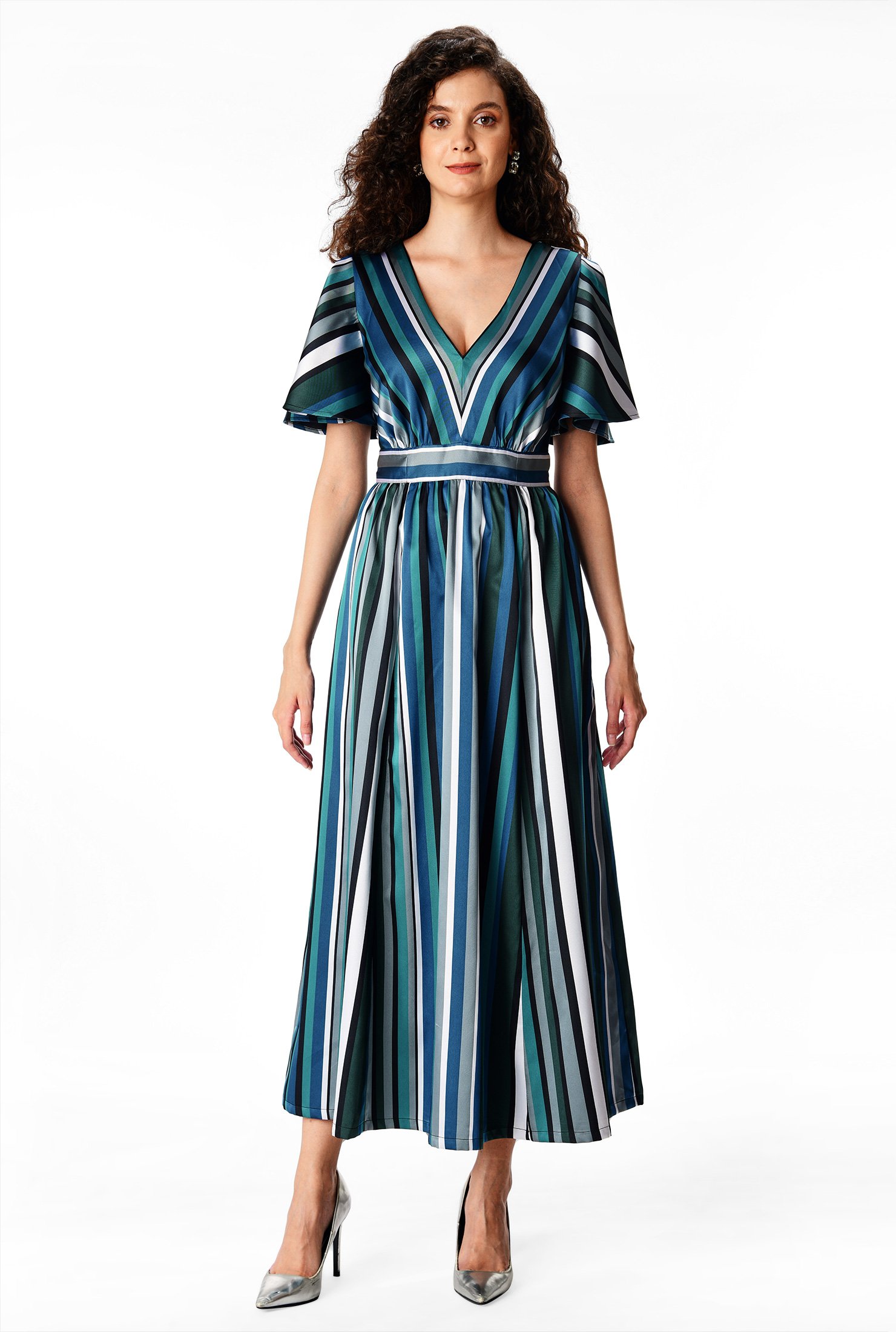 Shop Flutter sleeve stripe satin maxi dress | eShakti