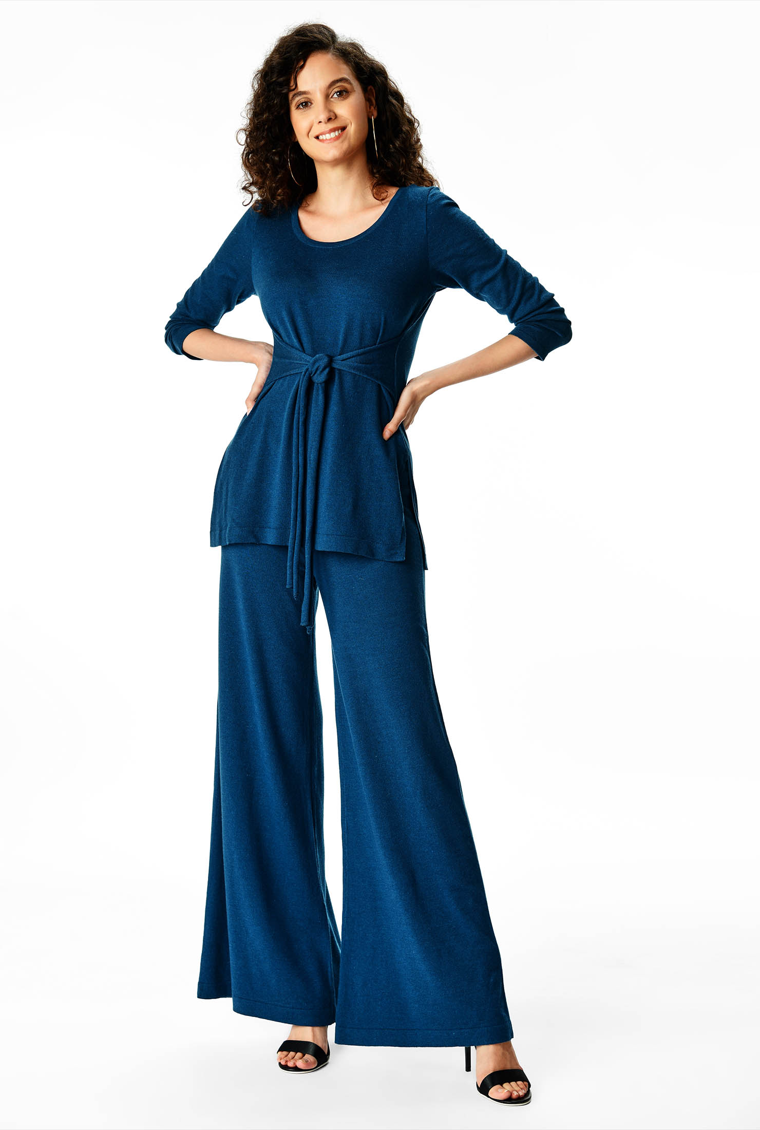 Shop Wool blend tie waist sweater knit tunic and wide leg pants set