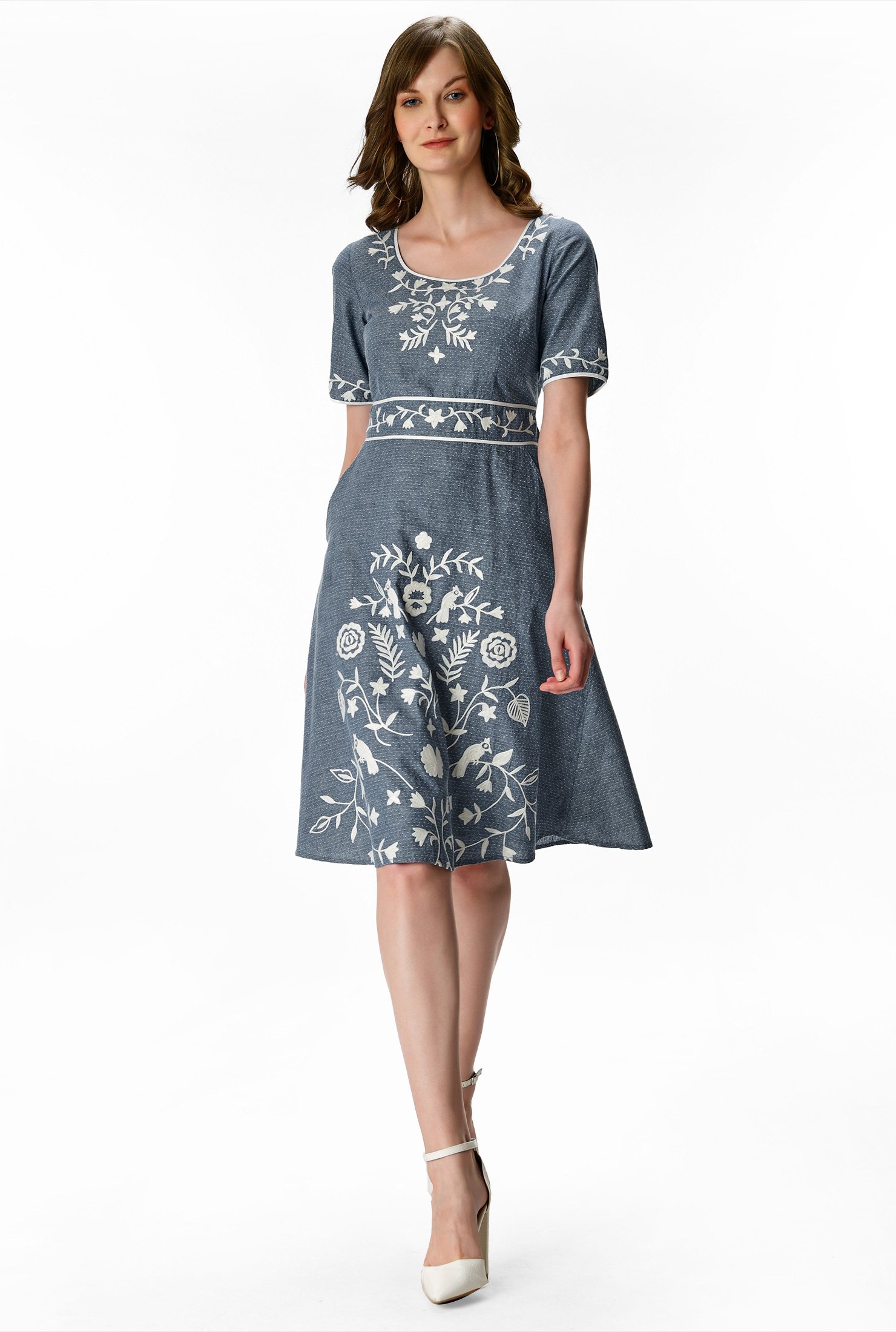 Shop Floral wool embroidery dot cotton chambray dress | eShakti