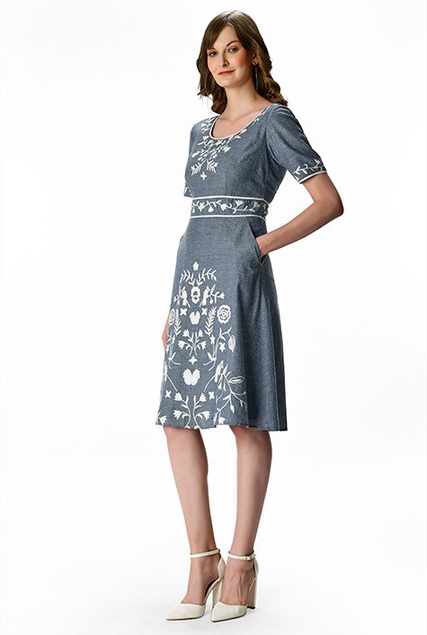 Shop Floral wool embroidery dot cotton chambray dress | eShakti