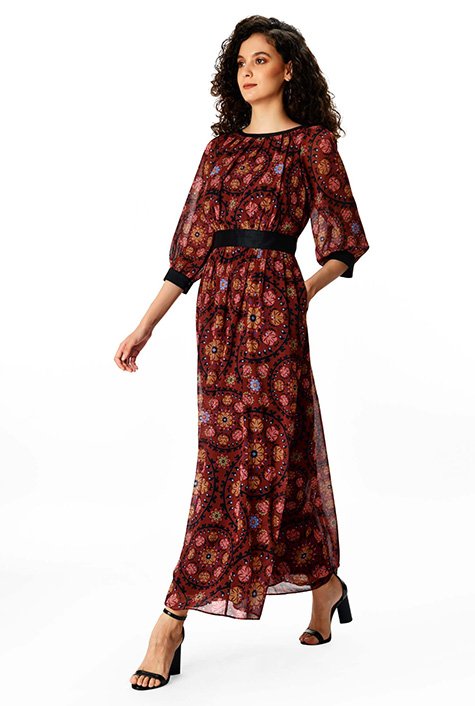 Shop Ruched graphic floral print georgette dress | eShakti