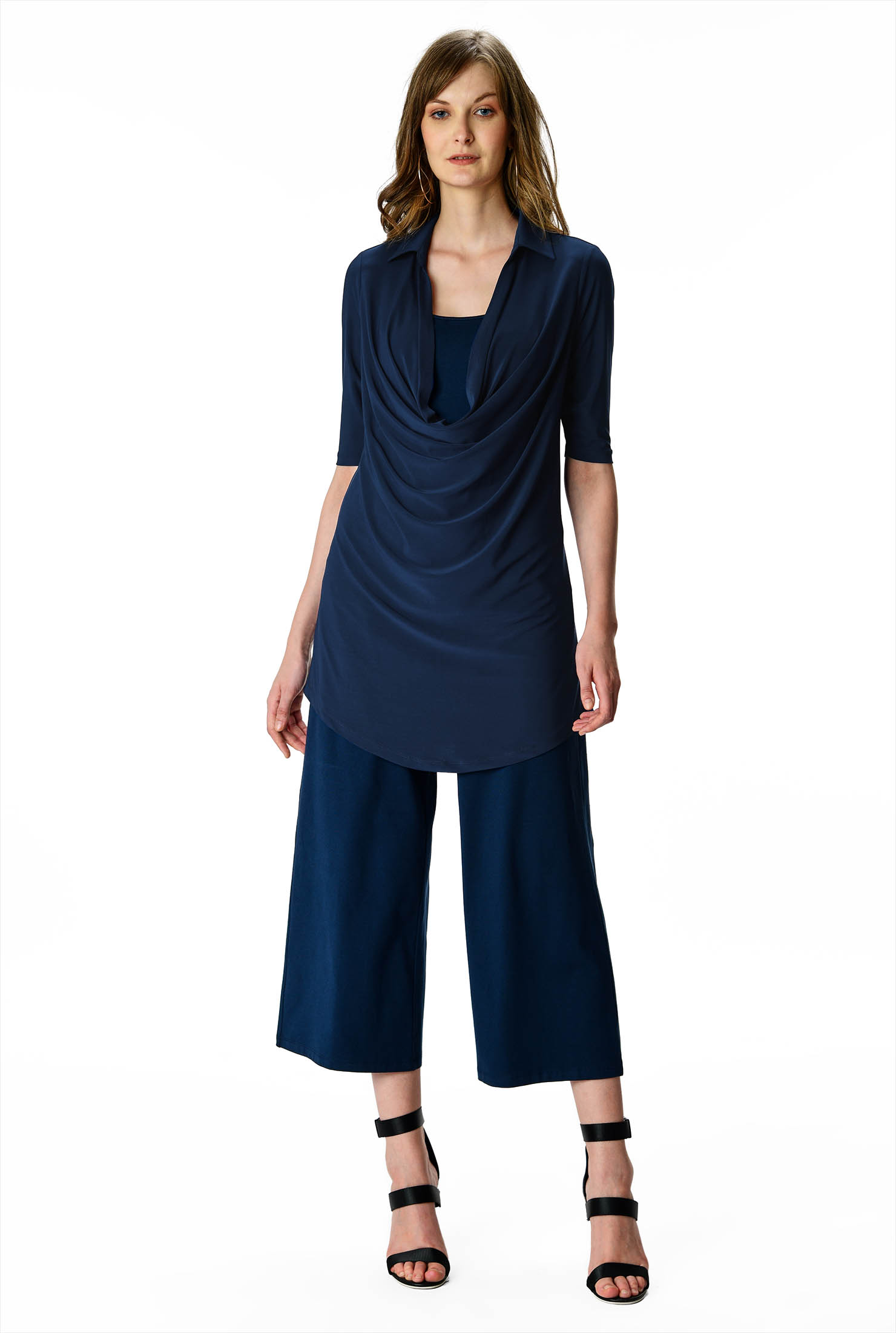 Shop Drape front jersey knit tunic and cotton knit crop pant set eShakti