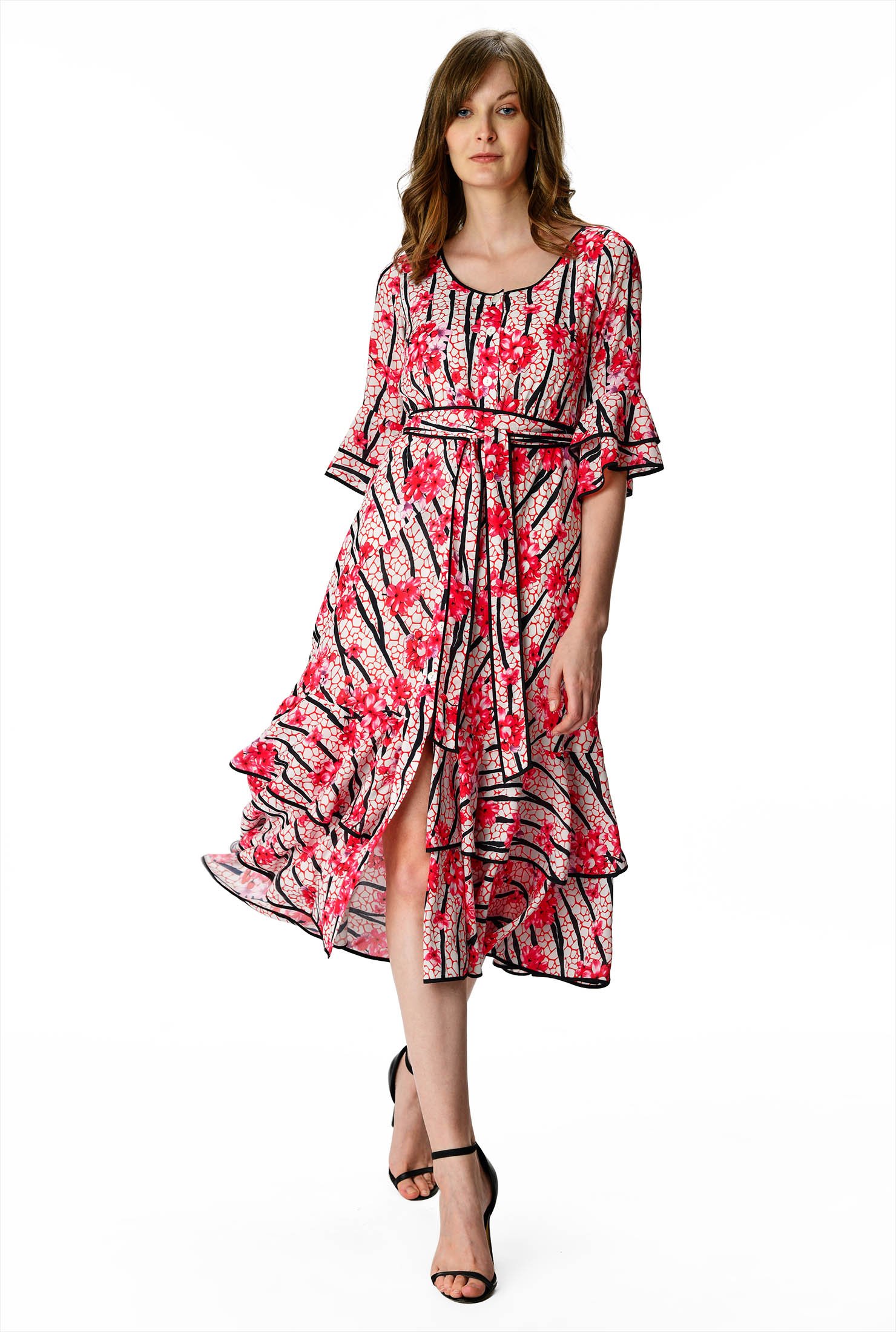 Shop Obi belt floral stripe print crepe ruffle shirtdress | eShakti