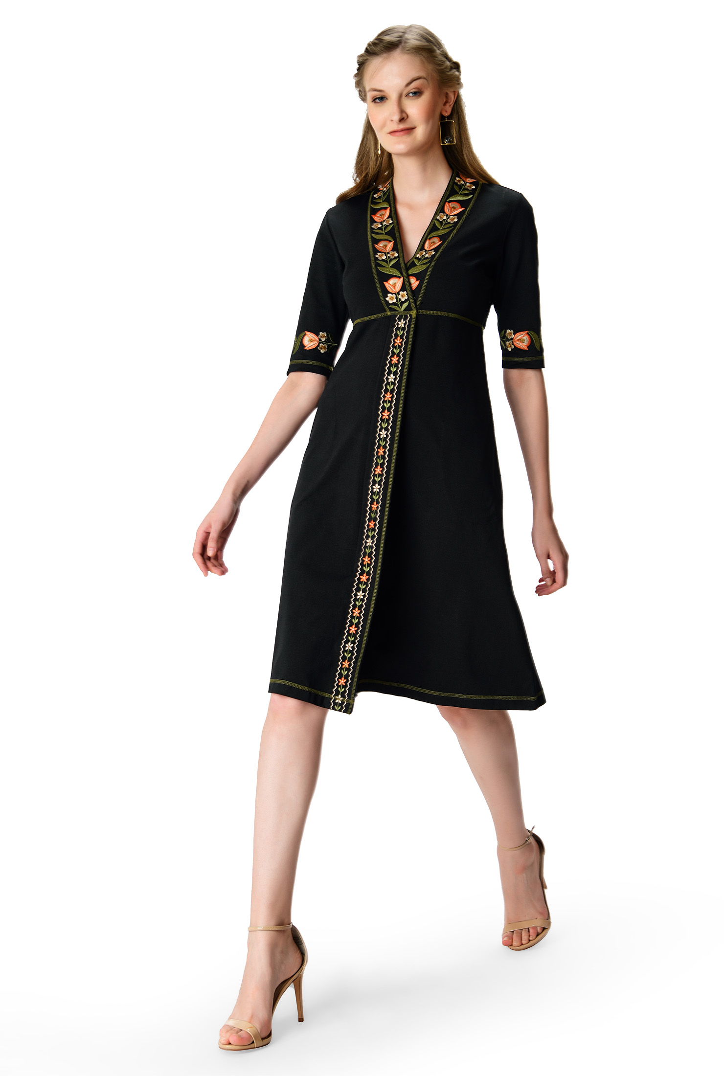 Shop Floral embroidery trim cotton knit shift dress eShakti
