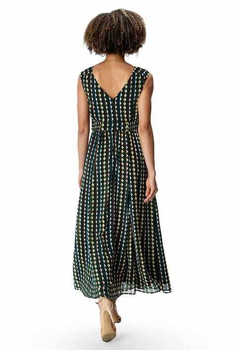 Shop Geo stripe print georgette ruched surplice dress | eShakti