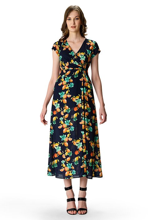 Shop Lemon print crepe surplice dress | eShakti