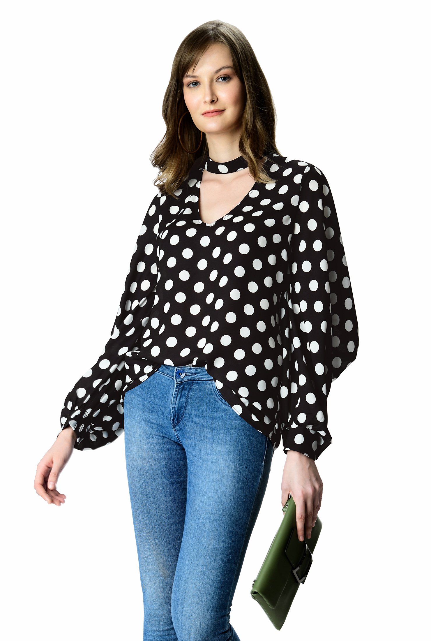 Shop Cascading sleeve polka dot print crepe blouse | eShakti