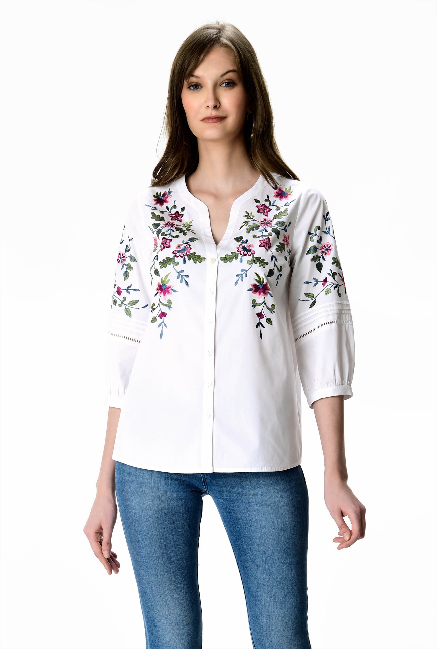 Shop Floral embroidered cotton poplin shirt | eShakti