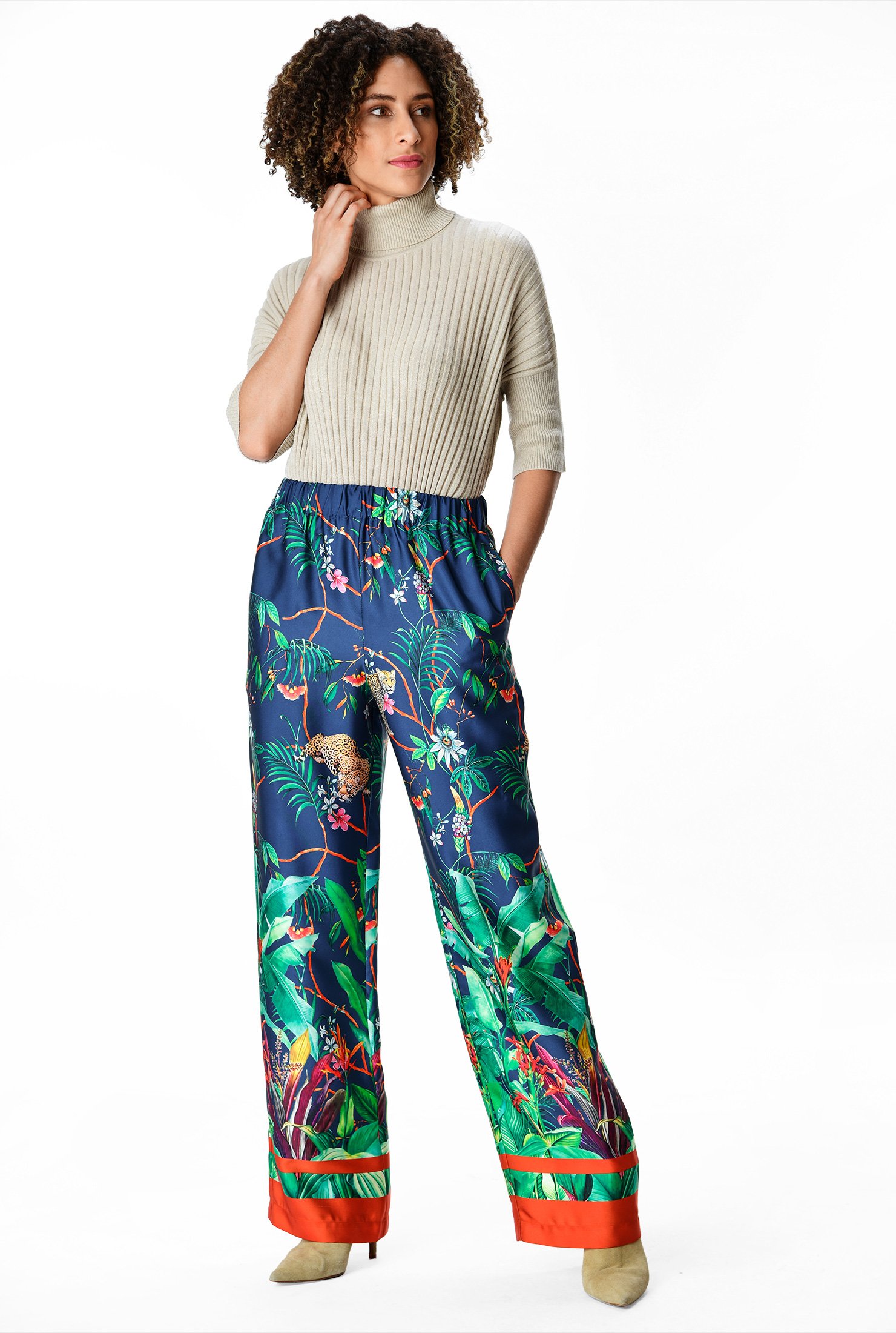 Shop Tropical flora and fauna print satin wide-leg pants | eShakti