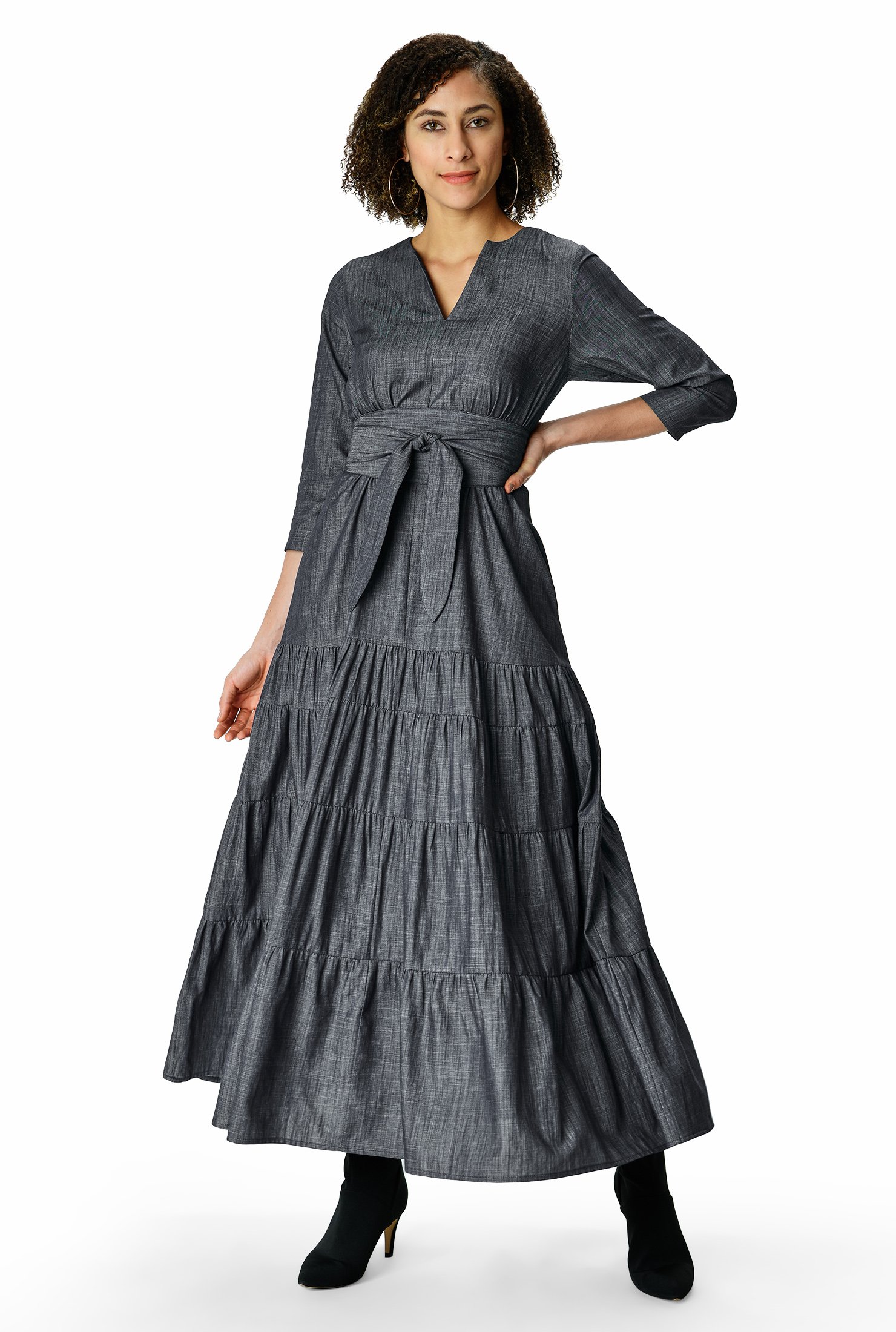 Shop Ruched tier cotton chambray maxi dress | eShakti