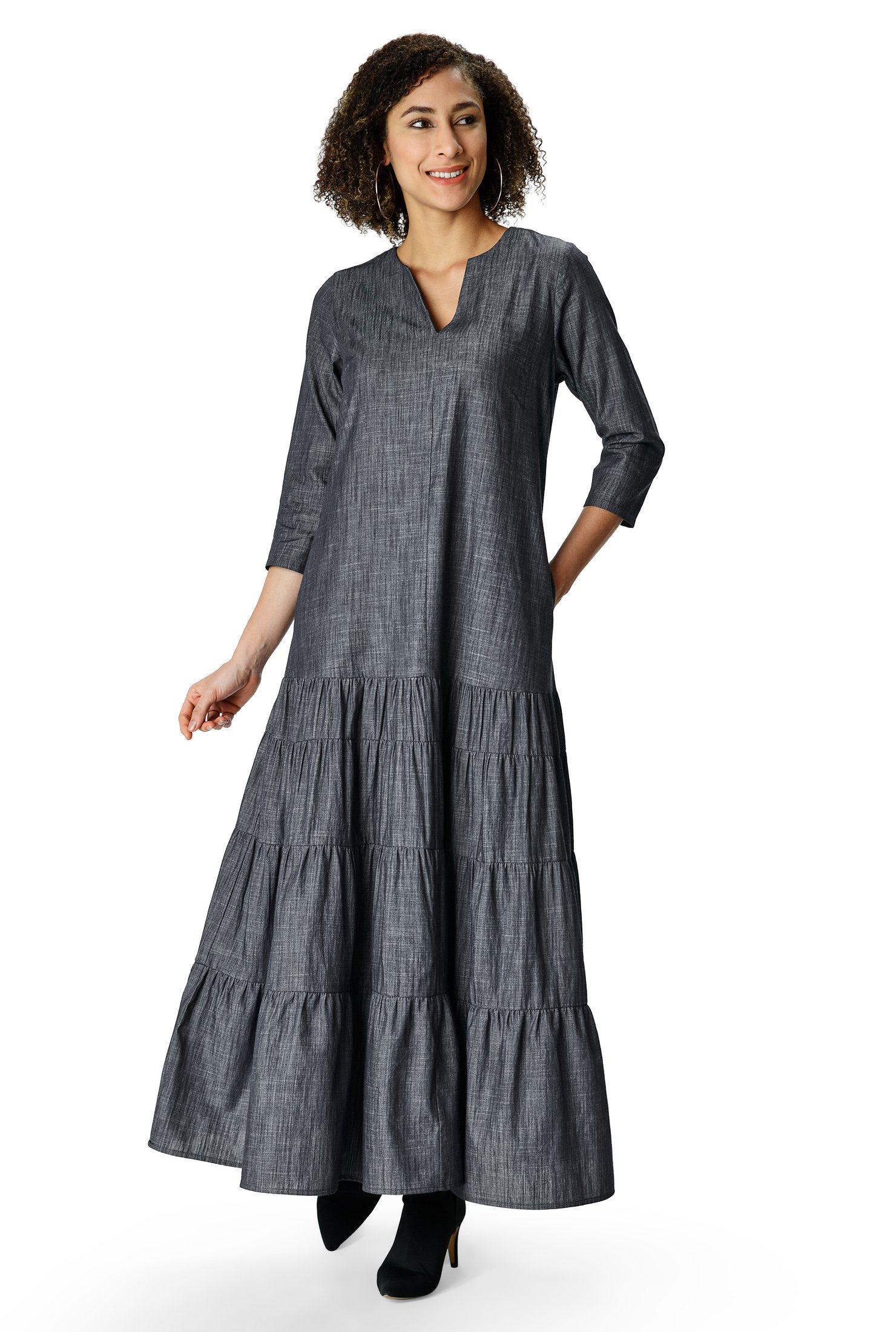 Shop Ruched tier cotton chambray maxi dress | eShakti