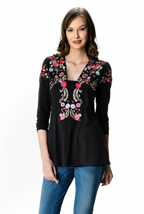 Shop Plunge floral embroidery cotton jersey top | eShakti