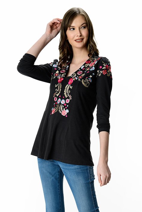 Shop Plunge floral embroidery cotton jersey top