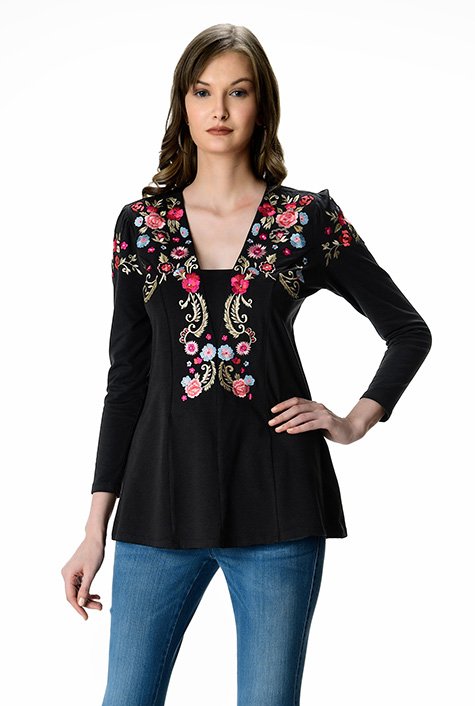 Shop Plunge floral embroidery cotton jersey top | eShakti