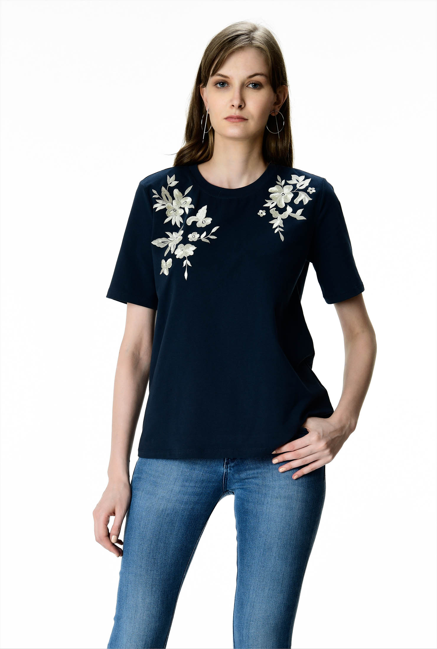 Shop Floral embroidery cotton jersey top eShakti