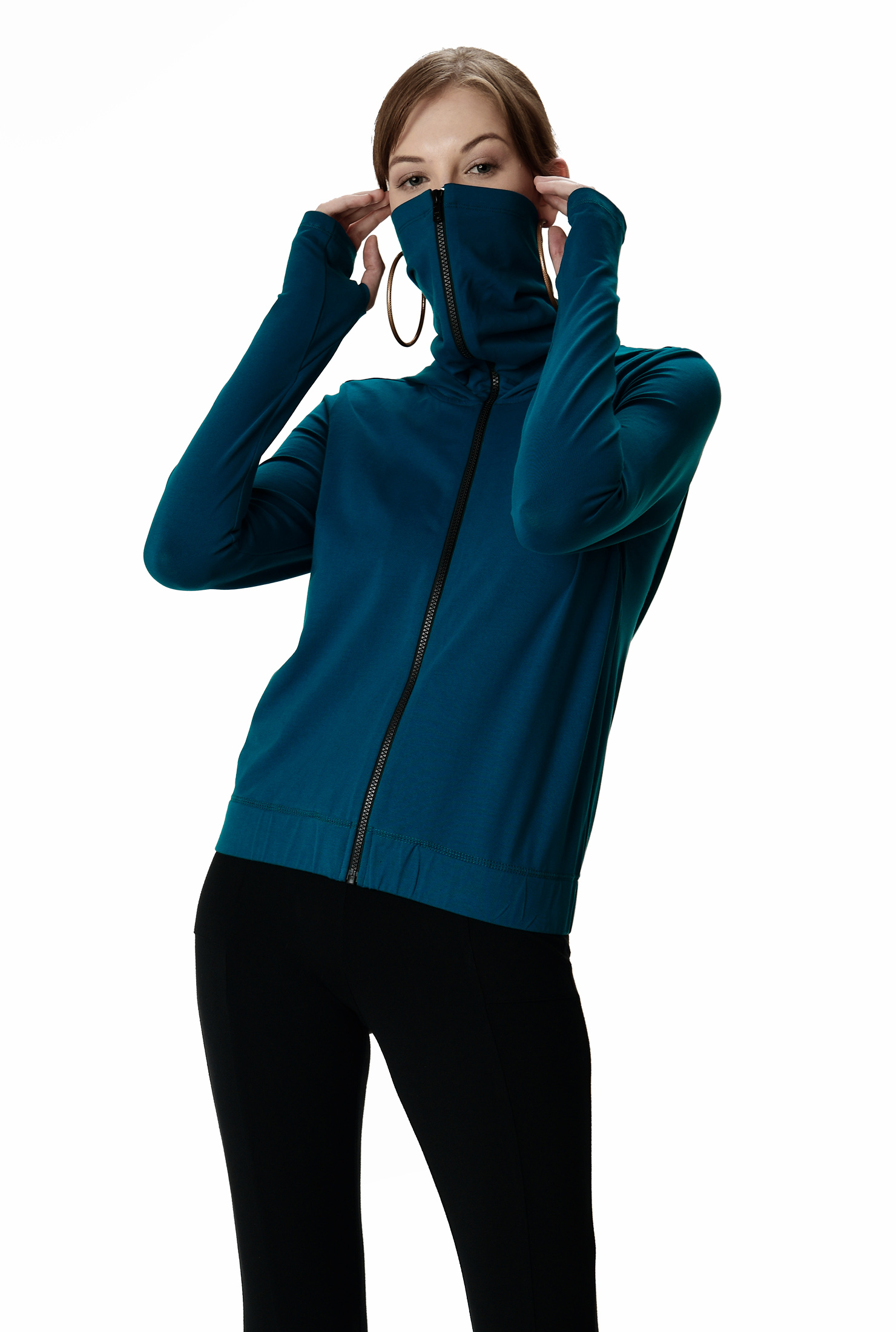 Shop Zip front cotton jersey hoodie jacket with tubular mask eShakti