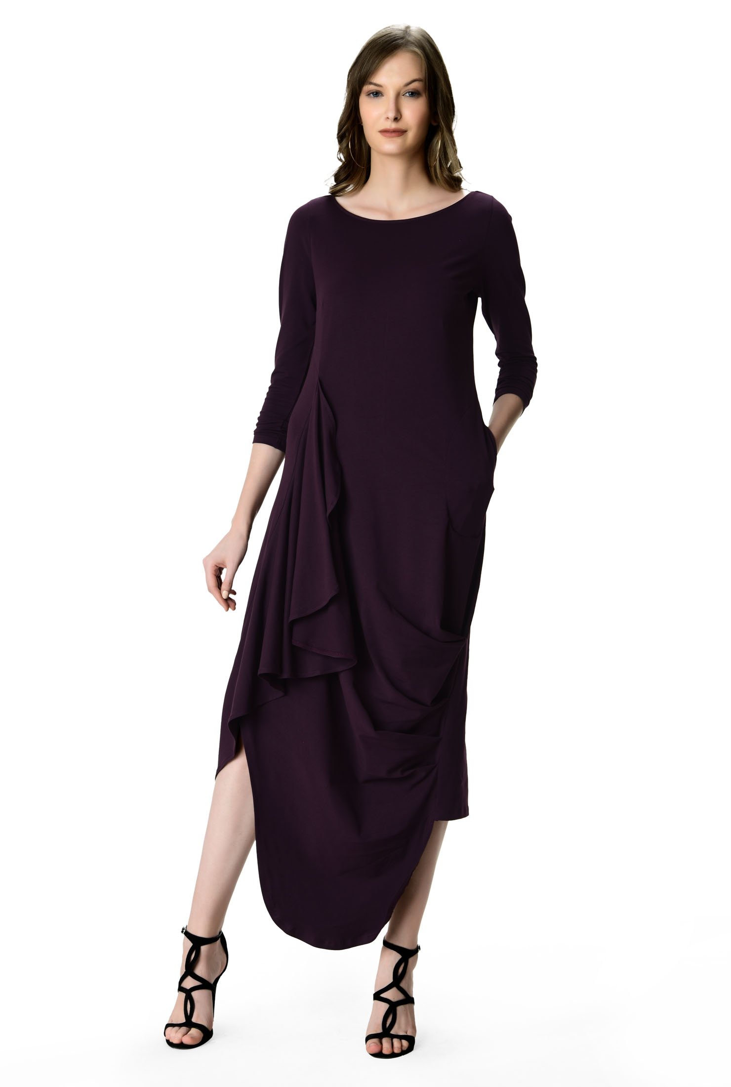 Shop Asymmetric ruffle drape cotton knit shift dress | eShakti