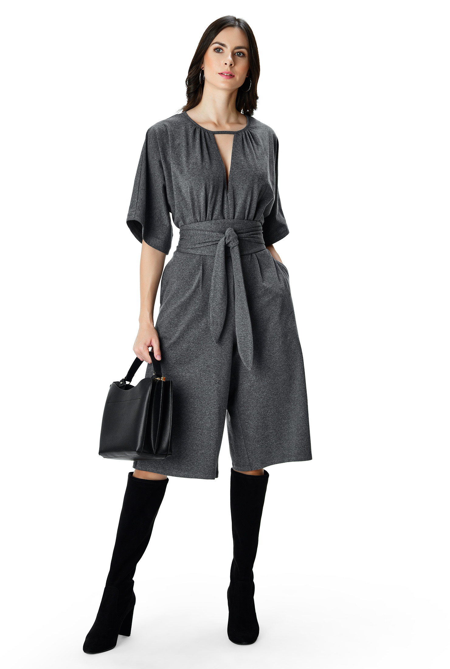 Shop Obi belt cotton jersey wide leg crop jumpsuit eShakti