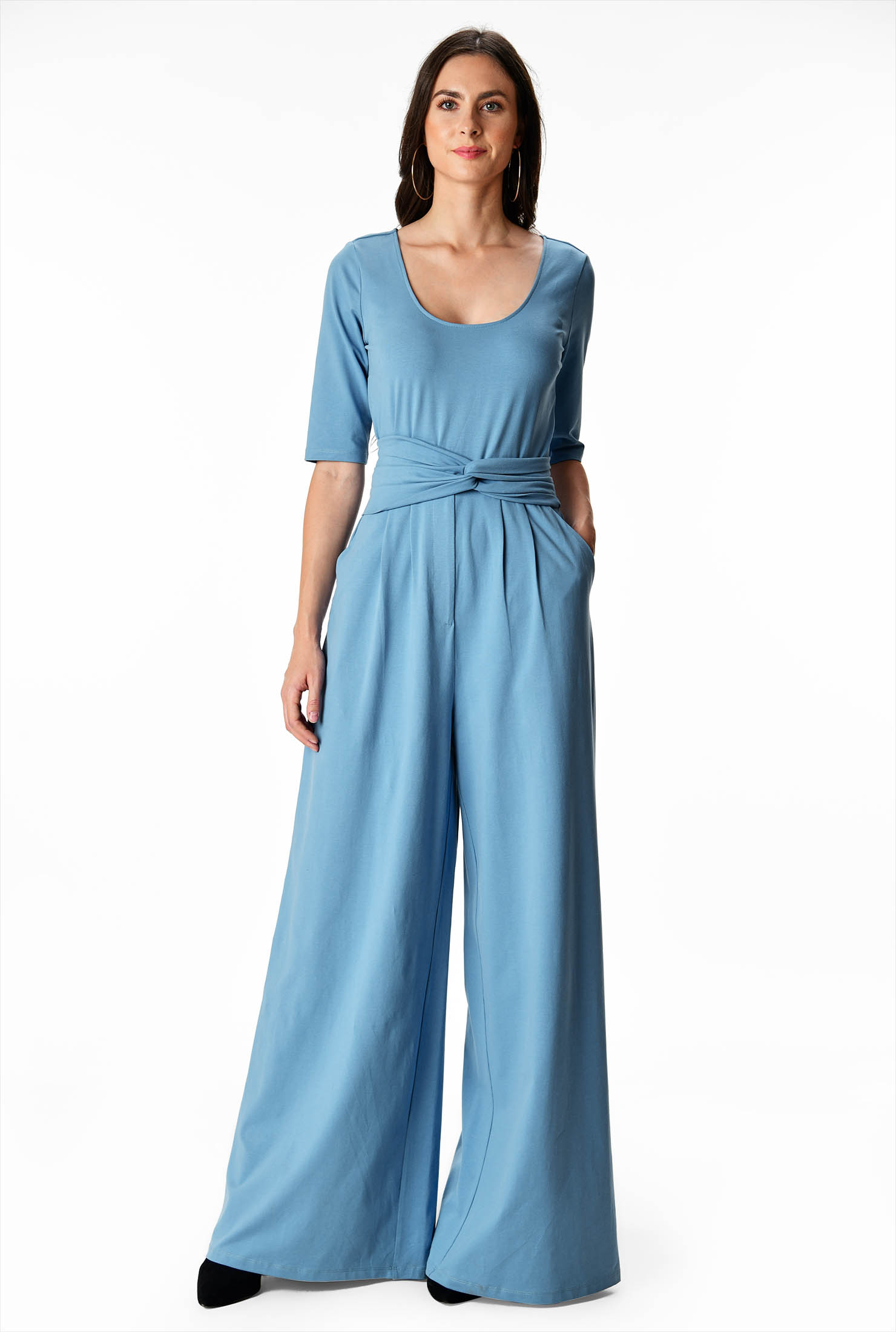 Shop Twist front belt cotton jersey jumpsuit eShakti