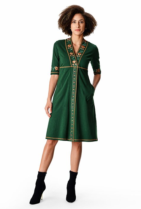 Floral embroidery trim cotton jersey shift dress