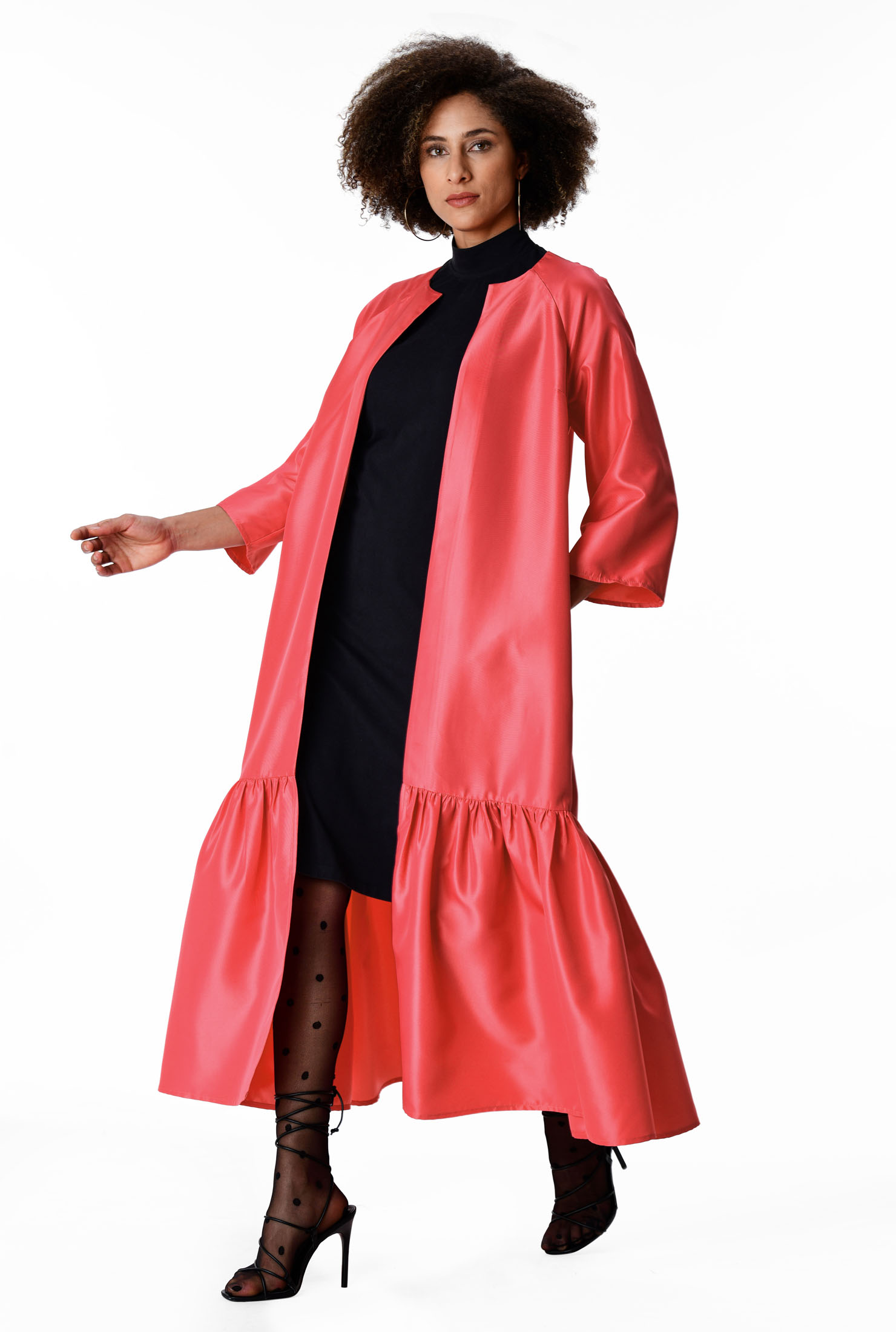Shop Ruffle flounce hem satin long duster eShakti