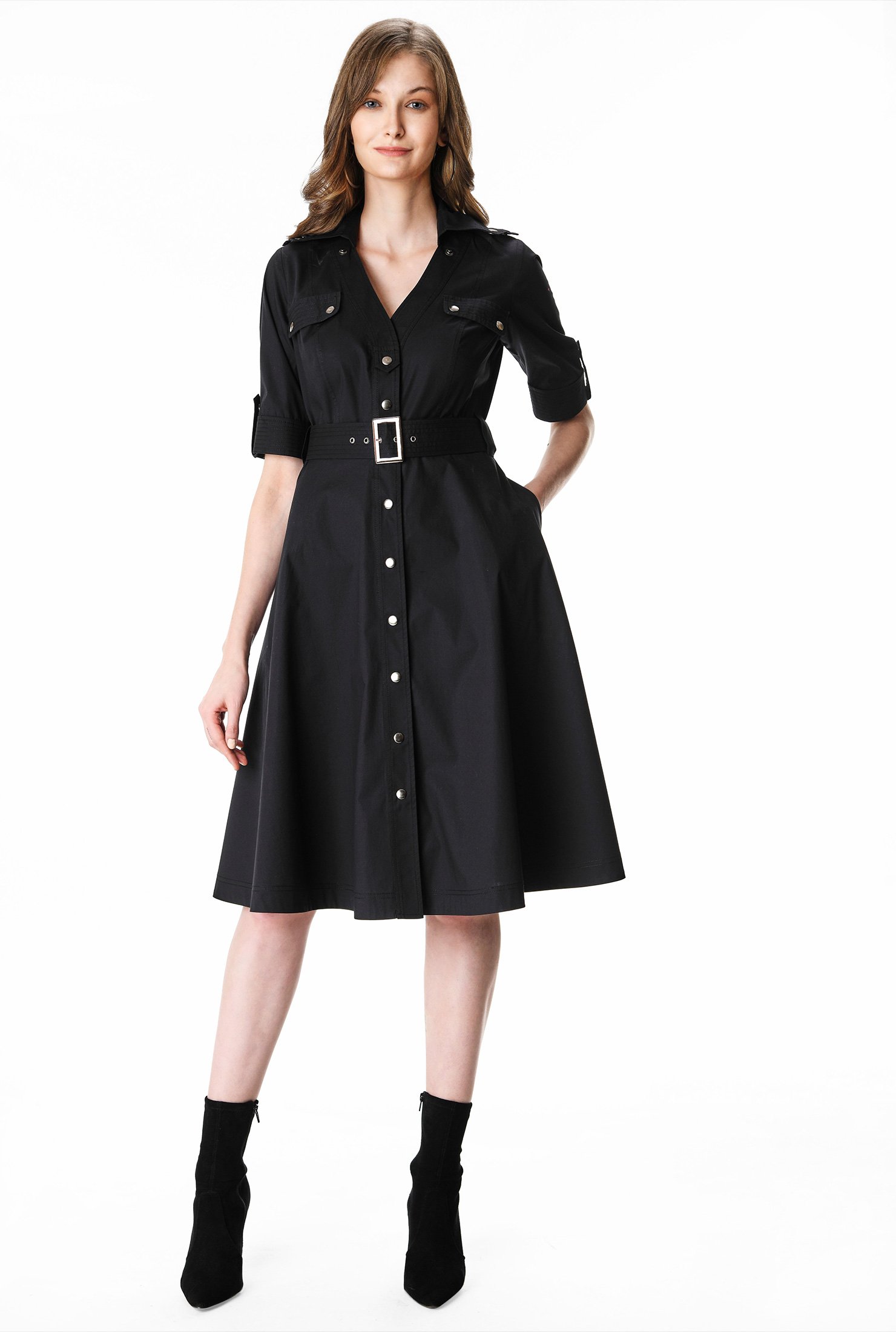 Shop Button tab utility style cotton poplin shirtdress | eShakti