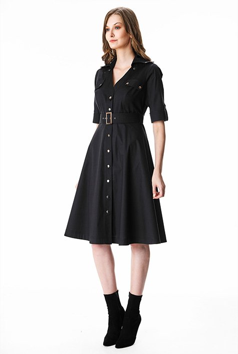 Button tab utility style cotton poplin shirtdress