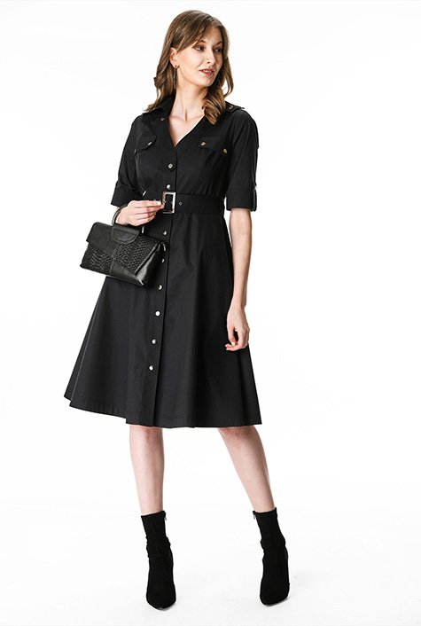 Button tab utility style cotton poplin shirtdress