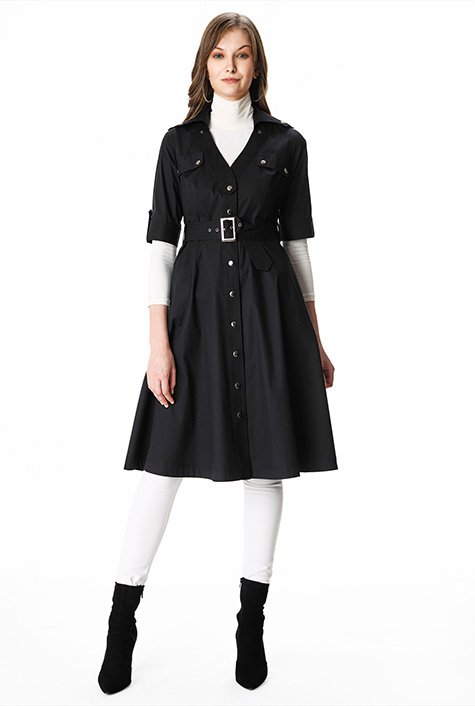 Button tab utility style cotton poplin shirtdress