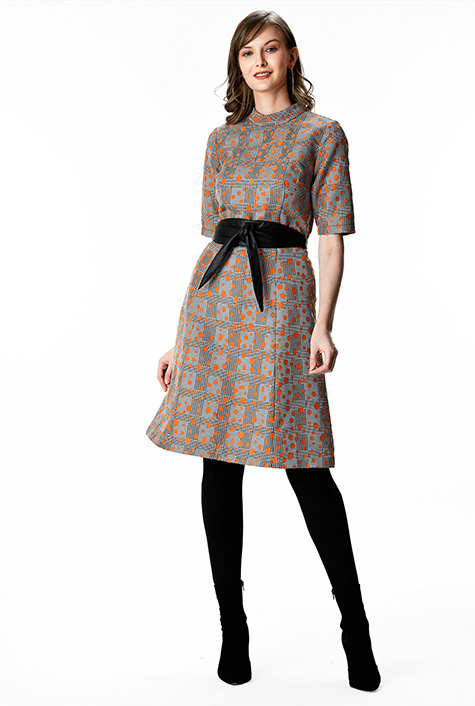 Shop Glen check dot jacquard obi belt dress | eShakti