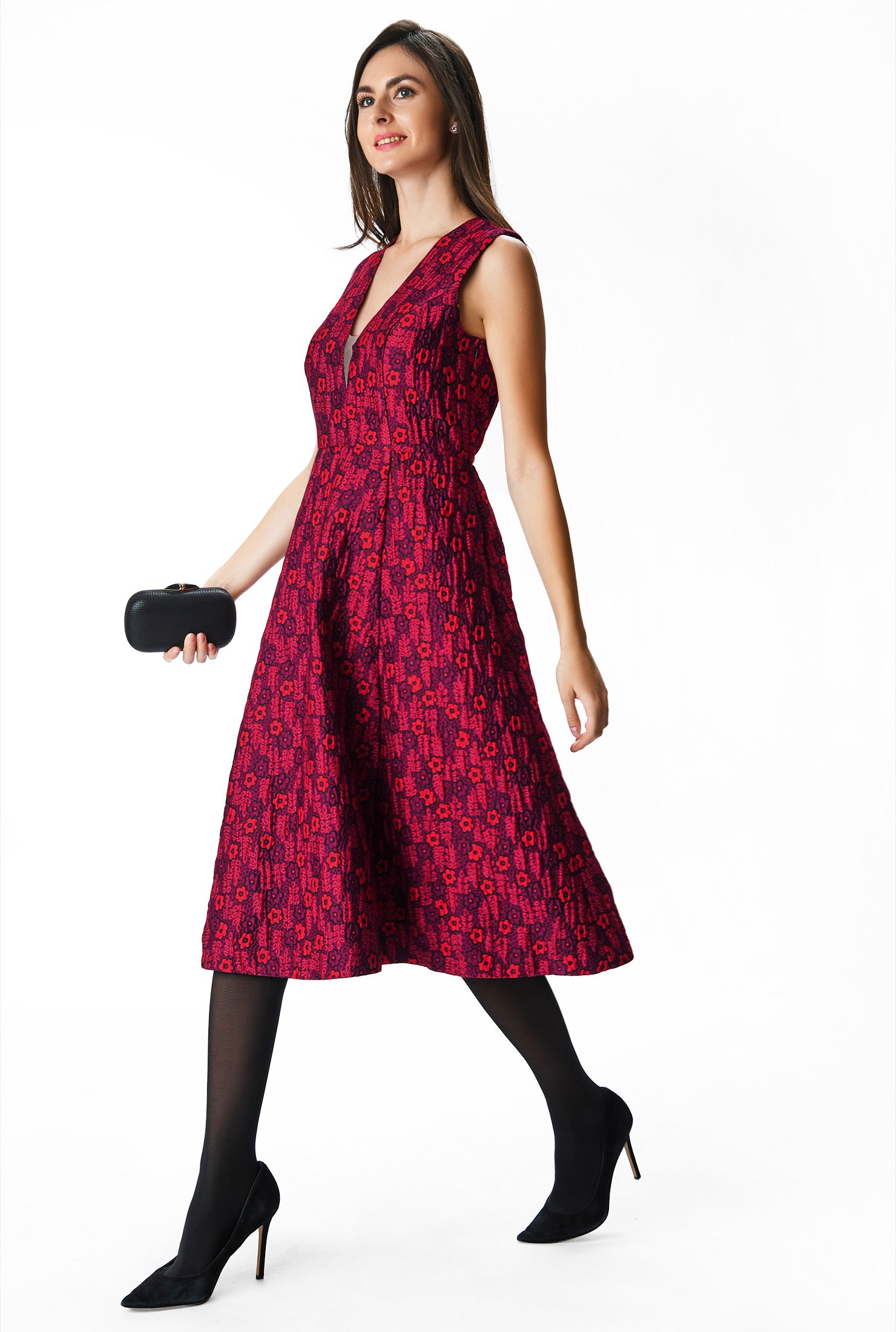 Shop Plunge floral jacquard dress | eShakti