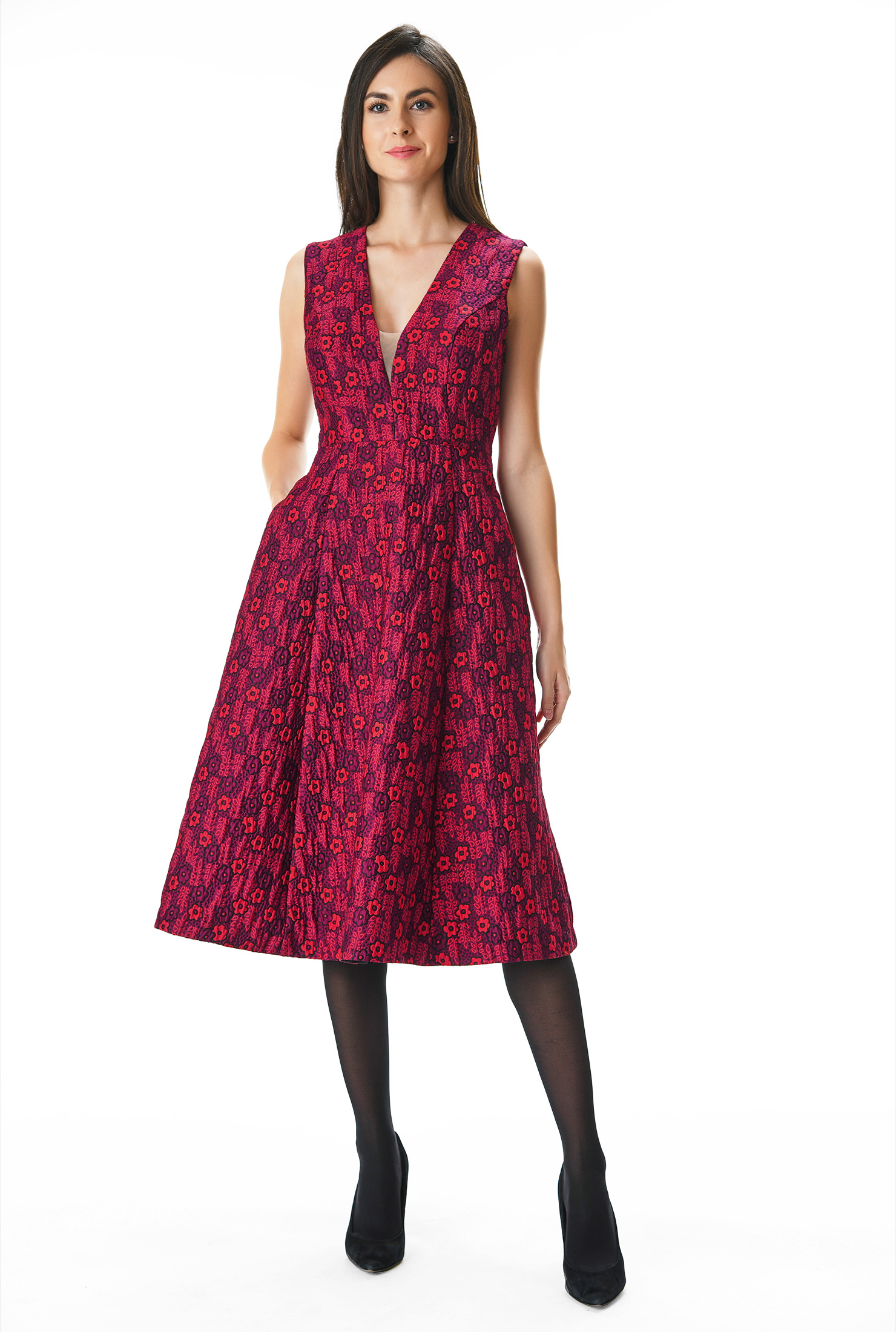 Shop Plunge floral jacquard dress eShakti