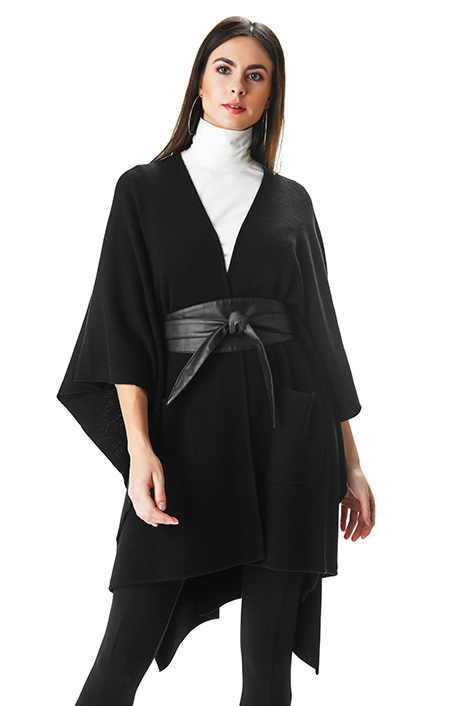 Shop Faux leather obi belt merino wool blend cardigan eShakti