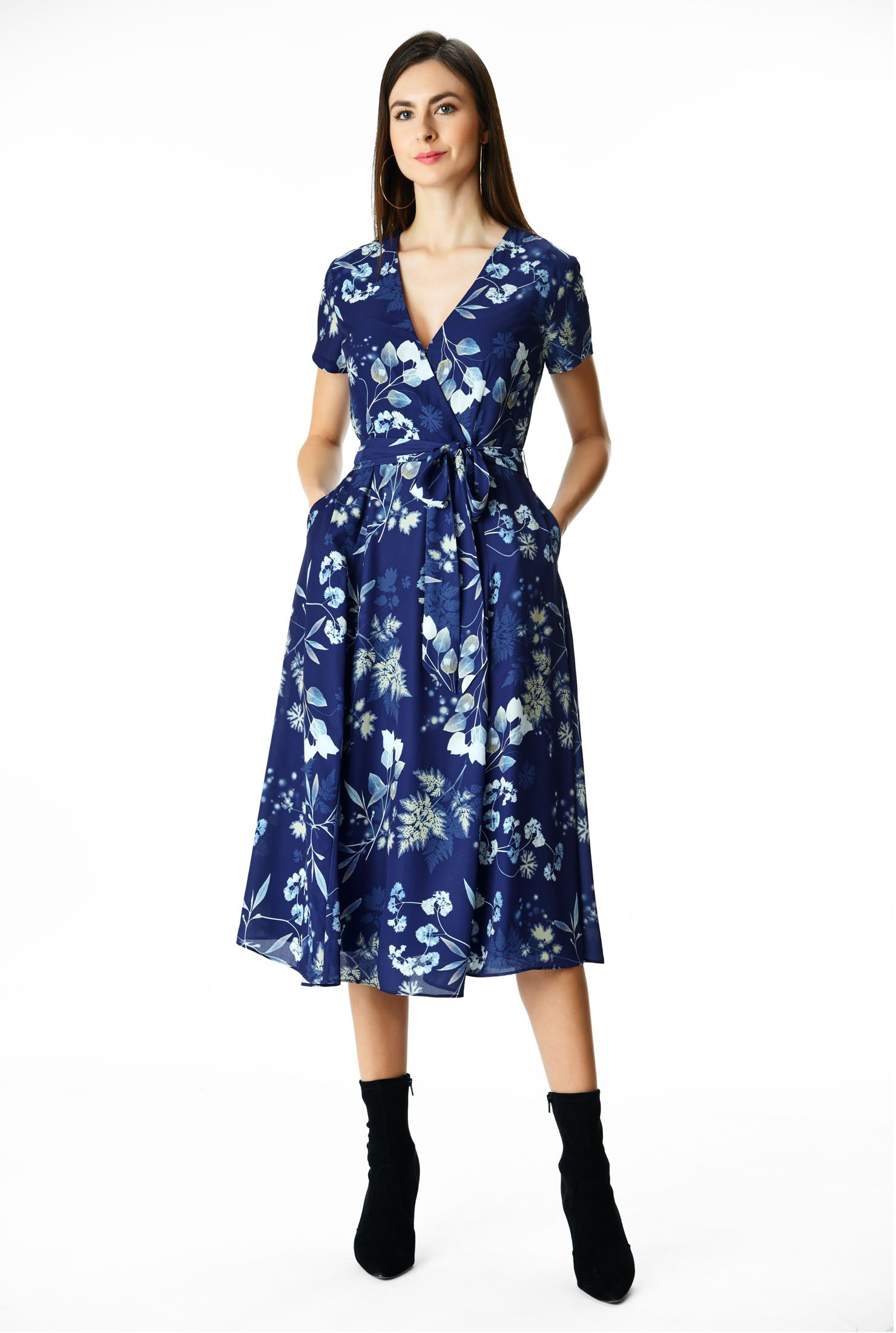 Shop Floral print crepe surplice dress | eShakti