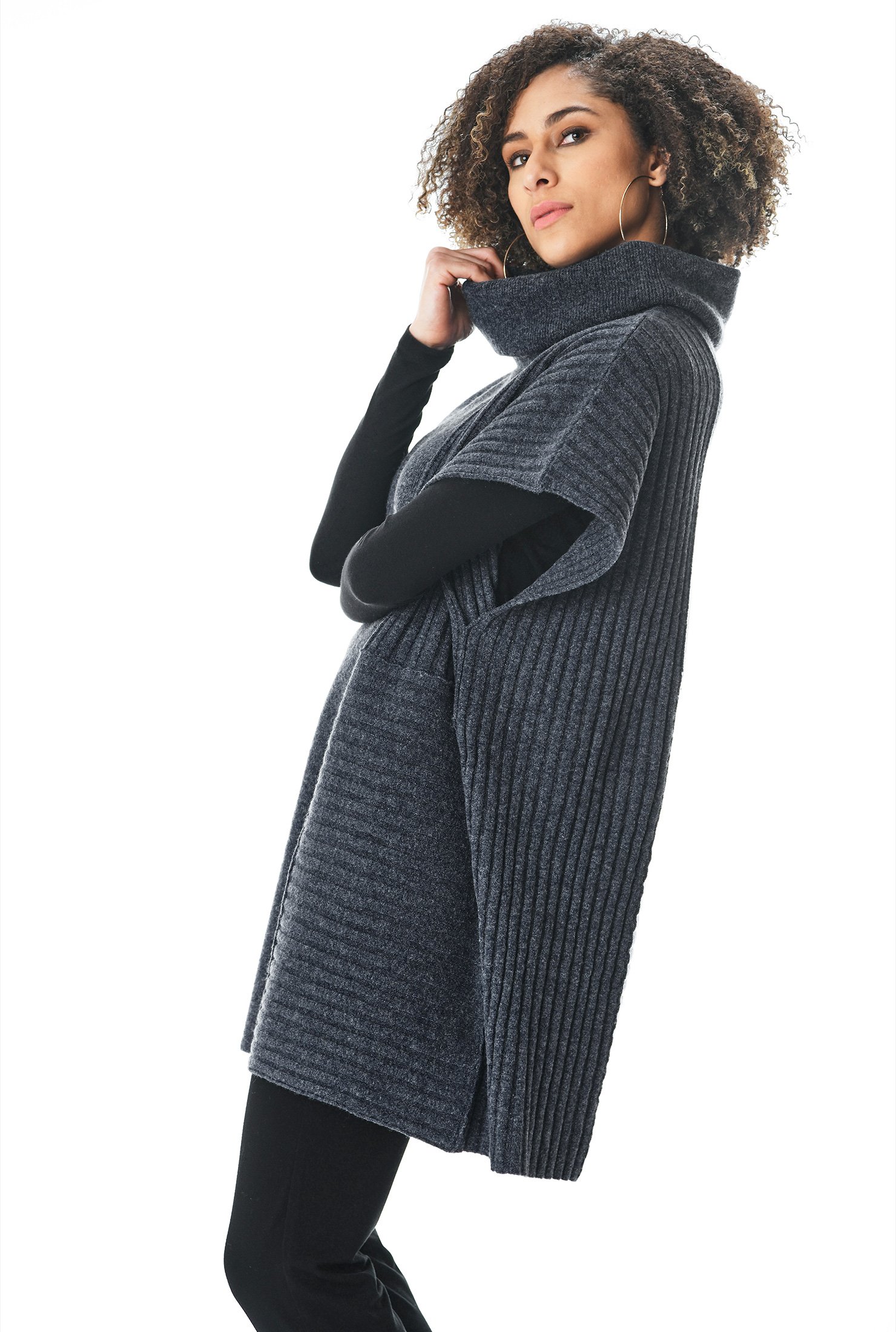 Shop Wool blend rib-knit poncho | eShakti